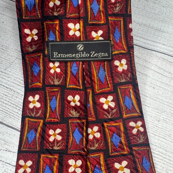 Ermenegildo Zegna Tie Men's Red Blue Geometric Daisy Floral Necktie Silk - Picture 4 of 6